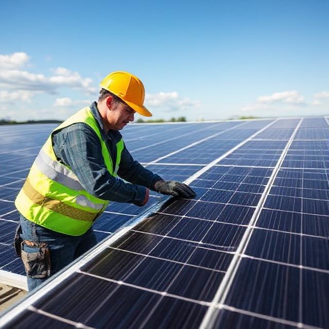 Technician checking solar panels