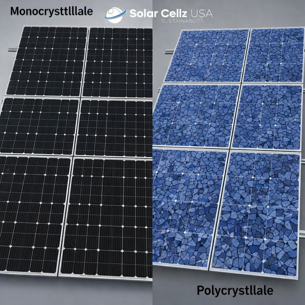 Side-by-side view of monocrystalline and polycrystalline solar panels
