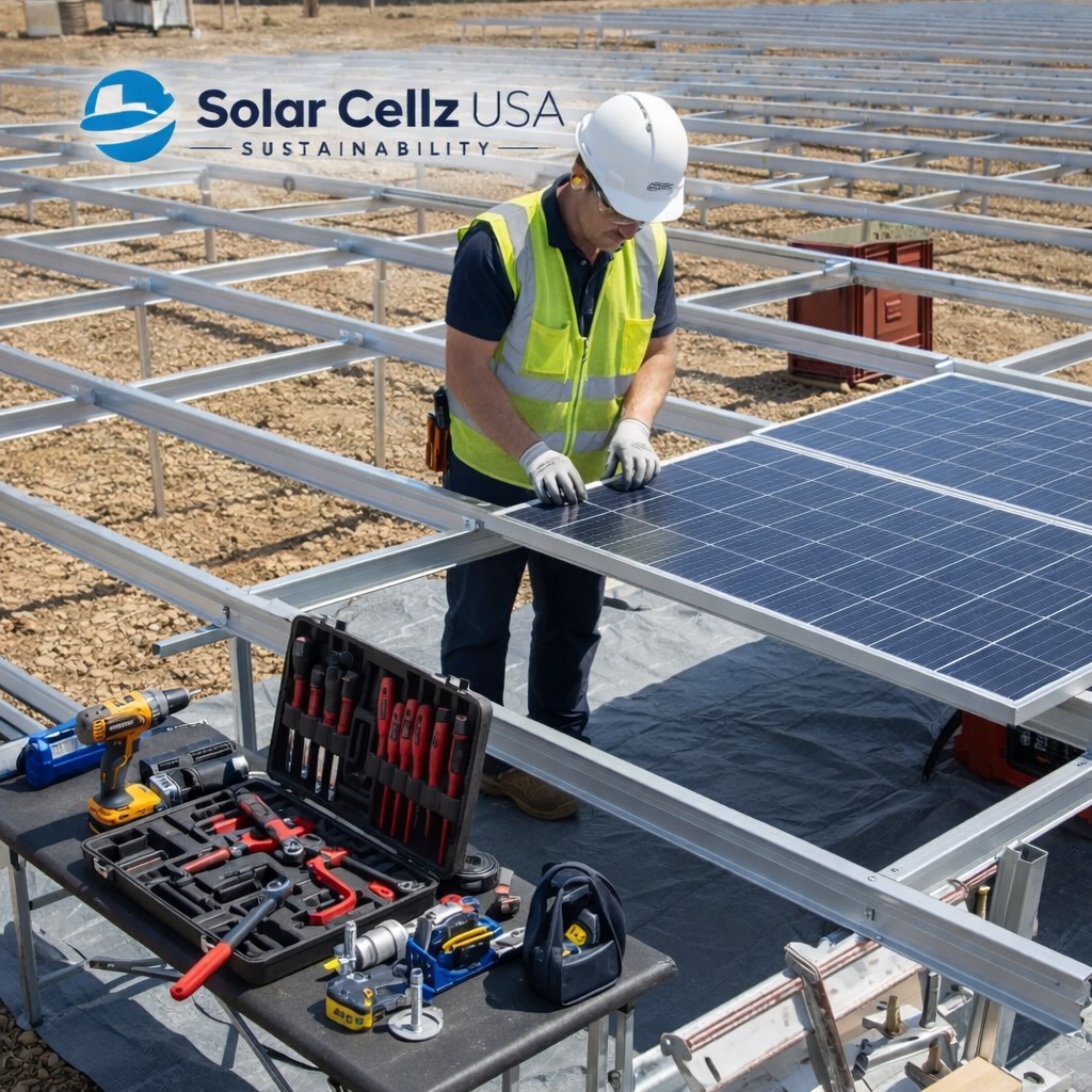 Technician installing solar ground mounts with safety gear and proper tools
