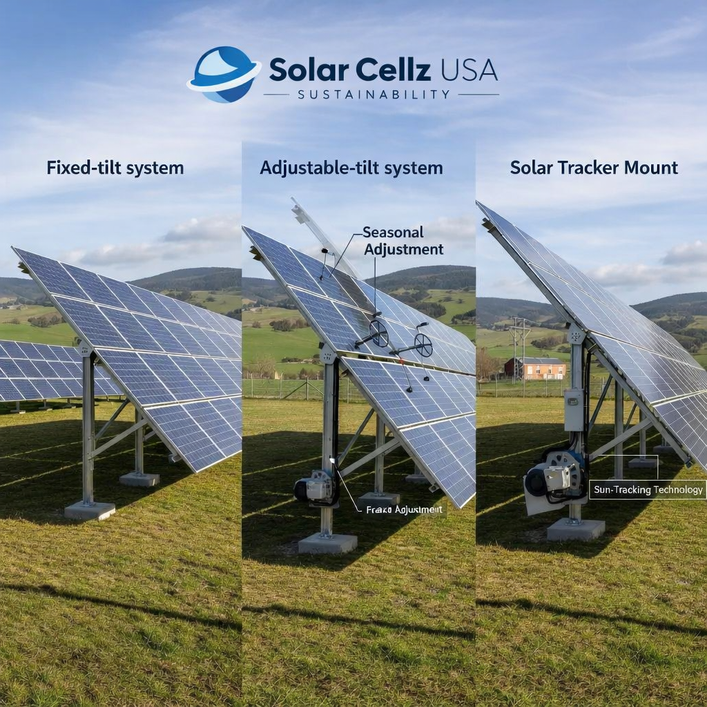 Different types of solar ground mount systems including fixed, adjustable, and solar tracker mounts Different types of solar ground mount systems including fixed, adjustable, and solar tracker mounts
