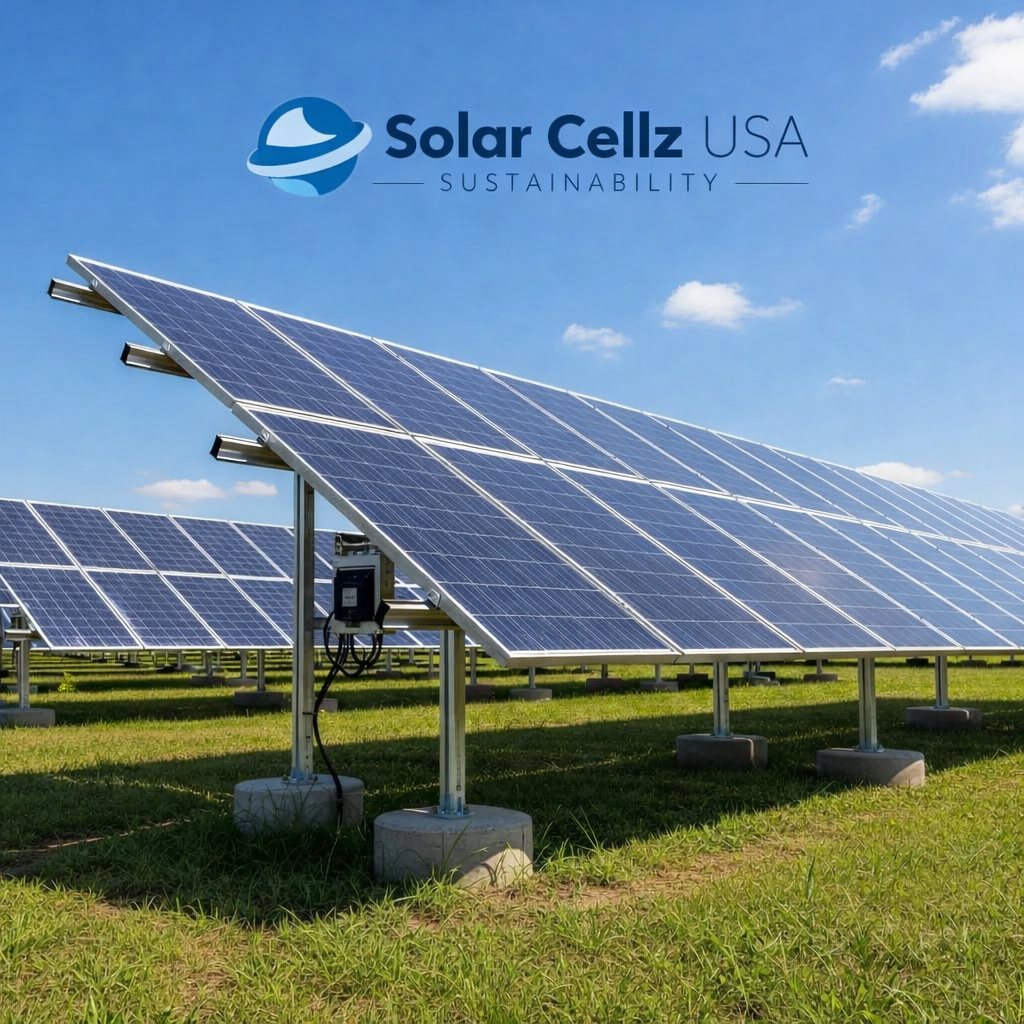 Solar ground mount system with solar panels in a sunny outdoor setting