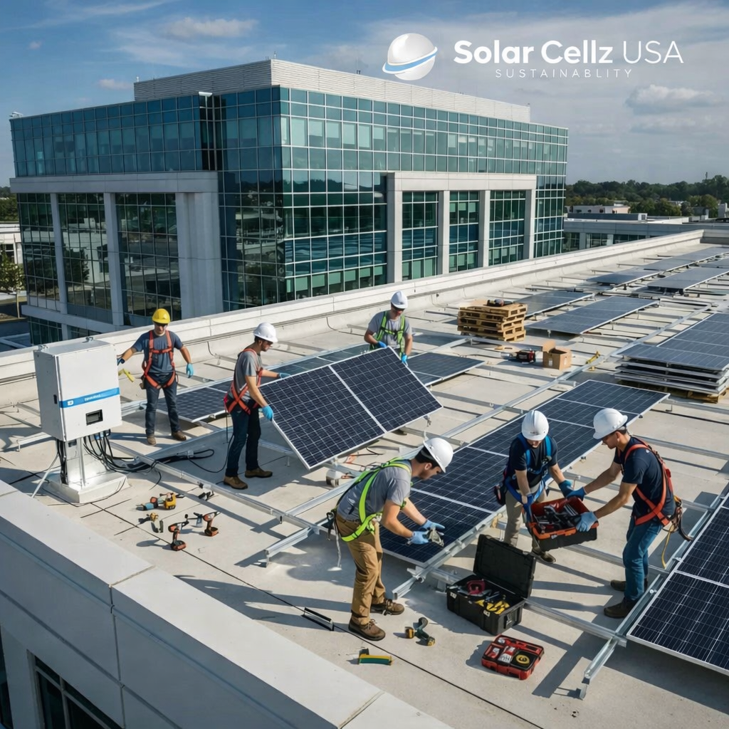 Professional crew installing a commercial rooftop solar system
