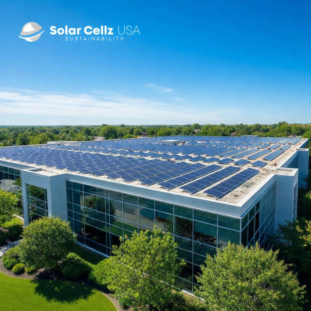 Commercial rooftop solar installation on a modern building