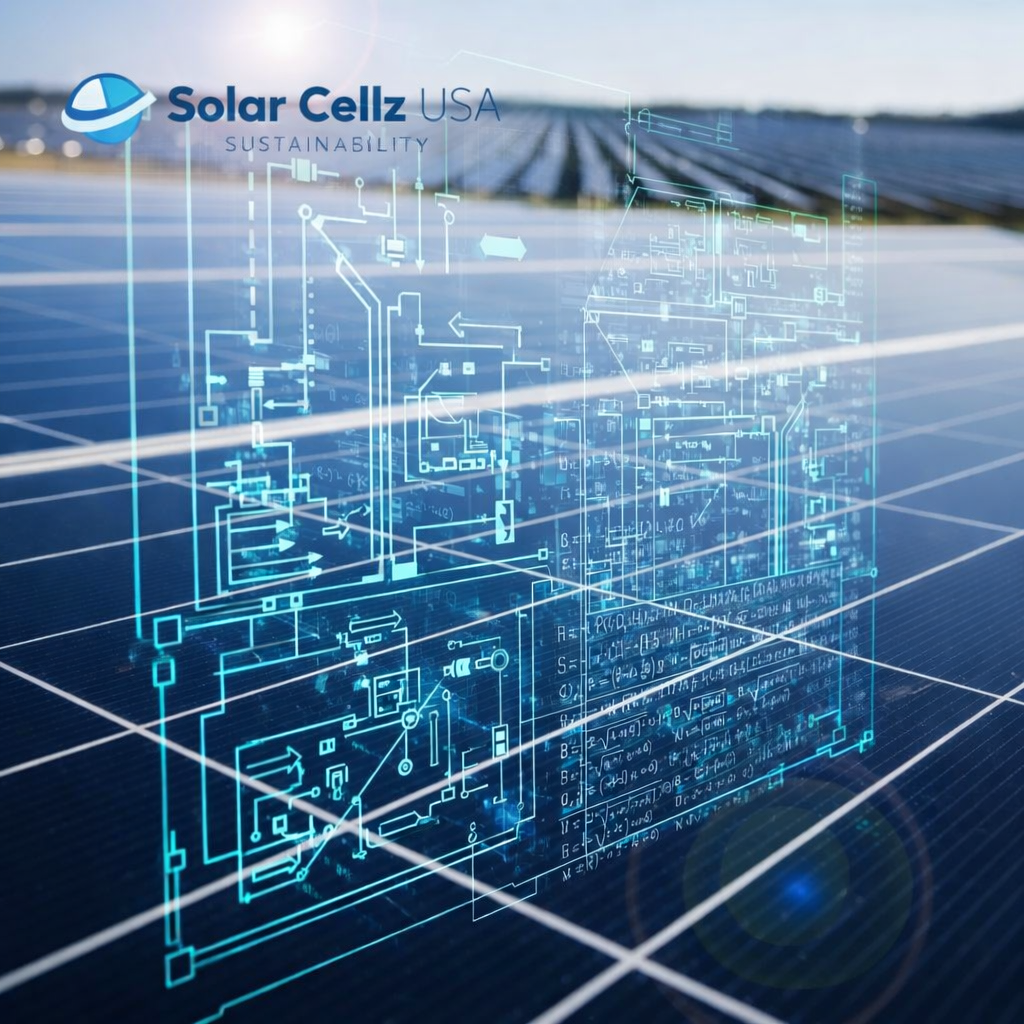 Close-up solar panel with overlayed design schematics and a solar farm in the background Close-up solar panel with overlayed design schematics and a solar farm in the background