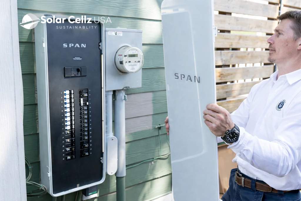 Residential setup showing SPAN SMART Panel, rooftop solar, and an attached battery storage unit Person checking energy data in a mobile app connected to a SPAN SMART Panel