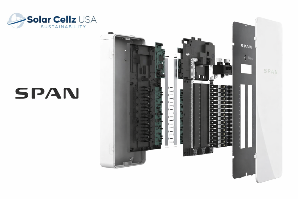 Residential setup showing SPAN SMART Panel, rooftop solar, and an attached battery storage unit